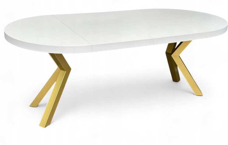 Stół BIAŁY okrągły Ø110 rozkładany do 210 cm + ZŁOTE NOGI X METALOWE