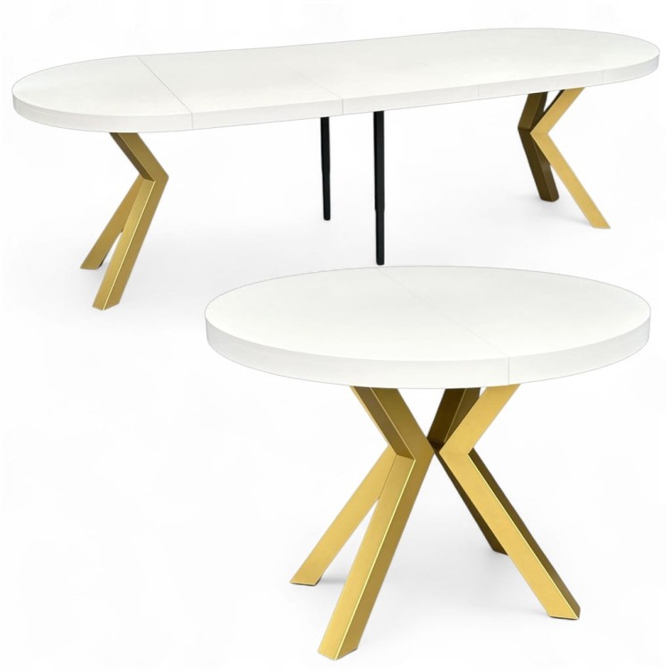 Stół BIAŁY duży okrągły Ø110 rozsuwany do 310 cm + ZŁOTE NOGI X METALOWE