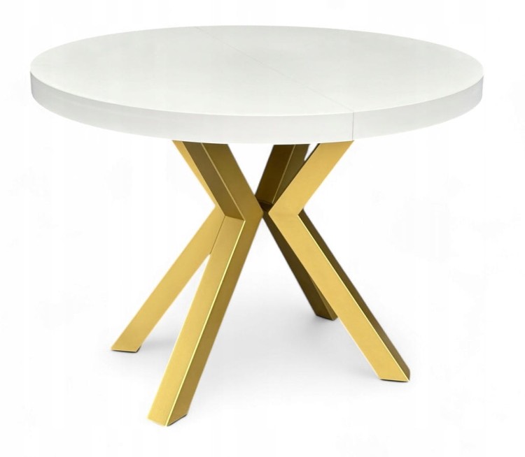 Stół BIAŁY duży okrągły Ø110 rozsuwany do 310 cm + ZŁOTE NOGI X METALOWE