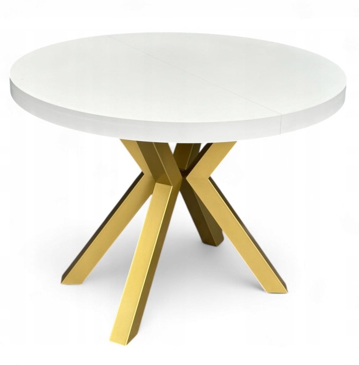 Stół BIAŁY duży okrągły Ø110 rozsuwany do 310 cm + ZŁOTE NOGI X METALOWE