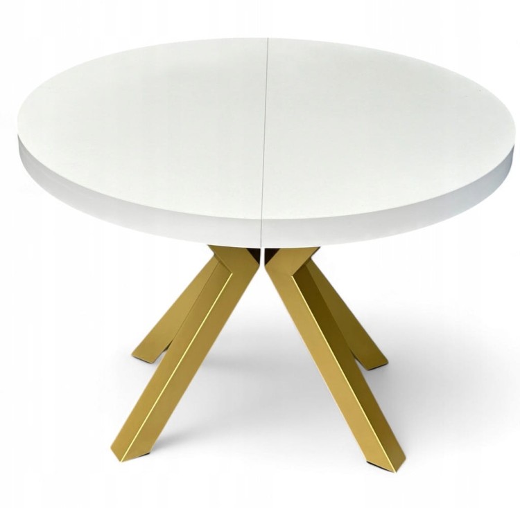 Stół BIAŁY duży okrągły Ø110 rozsuwany do 310 cm + ZŁOTE NOGI X METALOWE