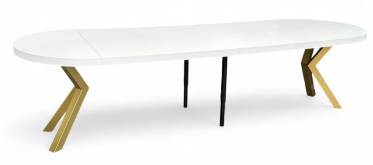 Stół BIAŁY duży okrągły Ø110 rozsuwany do 310 cm + ZŁOTE NOGI X METALOWE
