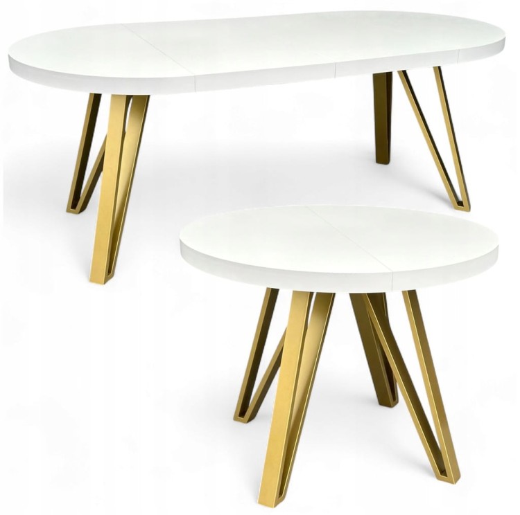 Stół BIAŁY PÓŁMAT Okrągły Ø90 rozkładany do 190 cm + ZŁOTE NOGI METALOWE