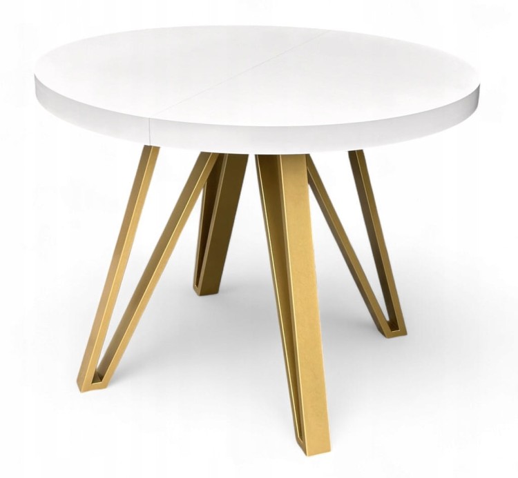 Stół BIAŁY PÓŁMAT Okrągły Ø90 rozkładany do 190 cm + ZŁOTE NOGI METALOWE