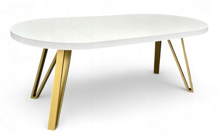 Stół BIAŁY PÓŁMAT Okrągły Ø90 rozkładany do 190 cm + ZŁOTE NOGI METALOWE