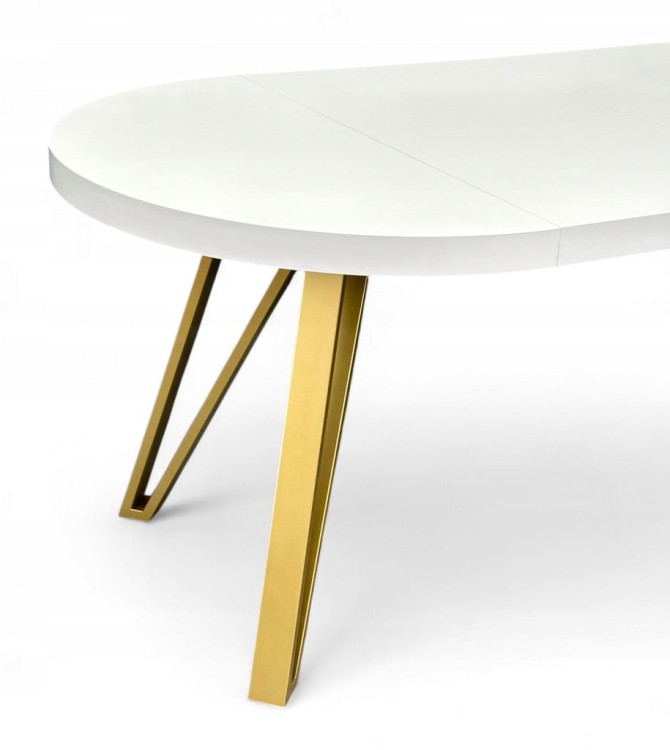 Stół BIAŁY PÓŁMAT Okrągły Ø110 rozkładany do 210 cm + ZŁOTE NOGI METALOWE