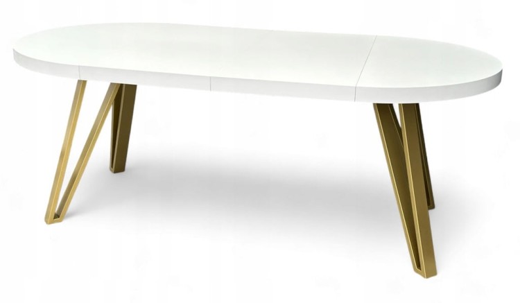 Stół BIAŁY PÓŁMAT Okrągły Ø110 rozkładany do 210 cm + ZŁOTE NOGI METALOWE