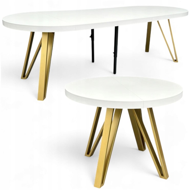 Stół BIAŁY PÓŁMAT Okrągły Ø110 rozkładany do 310 cm + ZŁOTE NOGI METALOWE