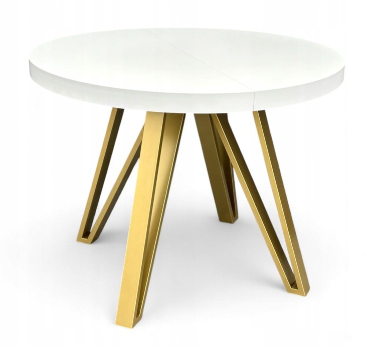 Stół BIAŁY PÓŁMAT Okrągły Ø110 rozkładany do 310 cm + ZŁOTE NOGI METALOWE