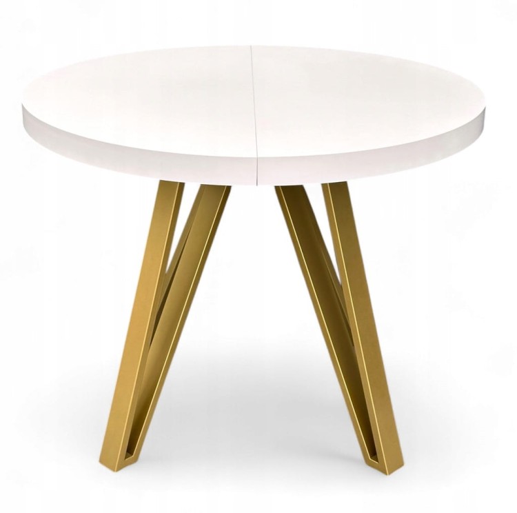 Stół BIAŁY PÓŁMAT Okrągły Ø110 rozkładany do 310 cm + ZŁOTE NOGI METALOWE