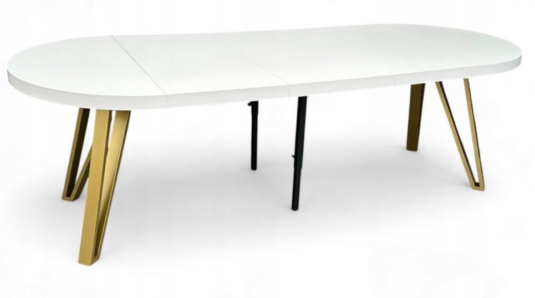 Stół BIAŁY PÓŁMAT Okrągły Ø110 rozkładany do 310 cm + ZŁOTE NOGI METALOWE