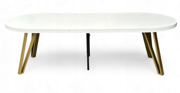Stół BIAŁY PÓŁMAT Okrągły Ø110 rozkładany do 310 cm + ZŁOTE NOGI METALOWE
