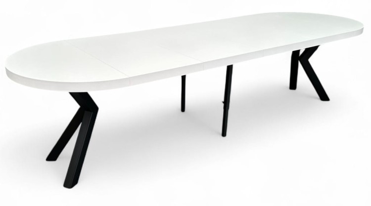 Stół BIAŁY okrągły Ø110 rozkładany do 310 cm + CZARNE NOGI X METALOWE