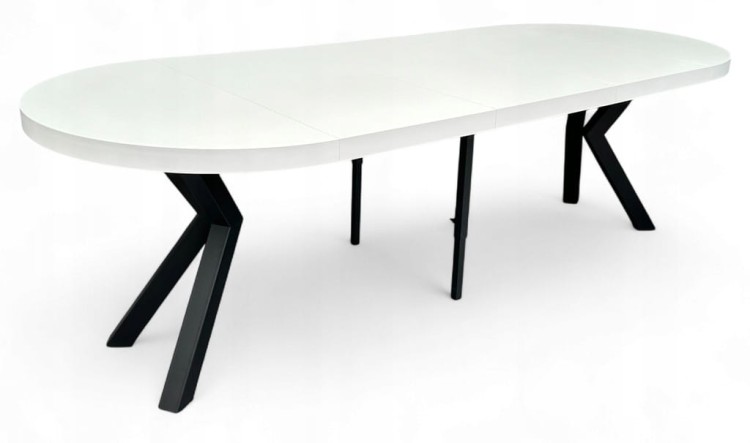 Stół BIAŁY okrągły Ø110 rozkładany do 310 cm + CZARNE NOGI X METALOWE