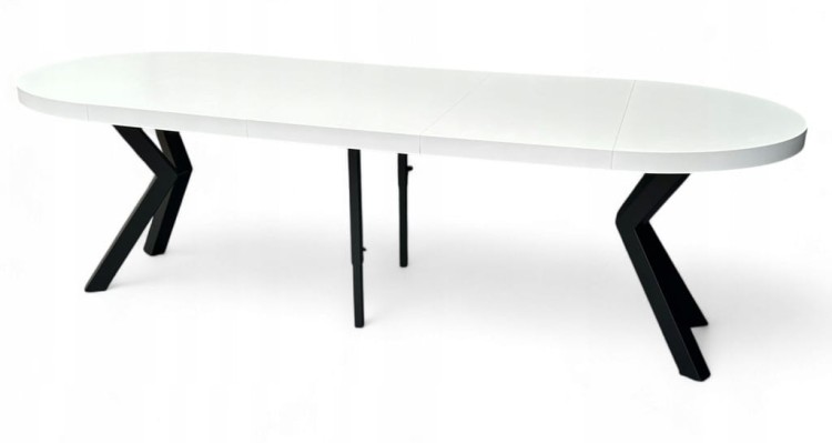 Stół BIAŁY okrągły Ø110 rozkładany do 310 cm + CZARNE NOGI X METALOWE
