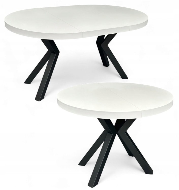 Stół BIAŁY okrągły Ø110 rozkładany do 210 cm + CZARNE NOGI X METALOWE