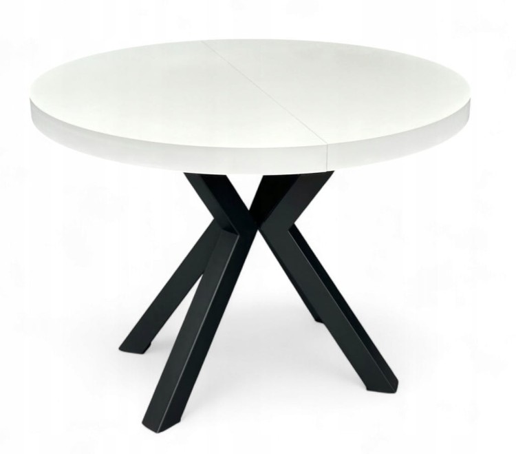 Stół BIAŁY okrągły Ø110 rozkładany do 210 cm + CZARNE NOGI X METALOWE
