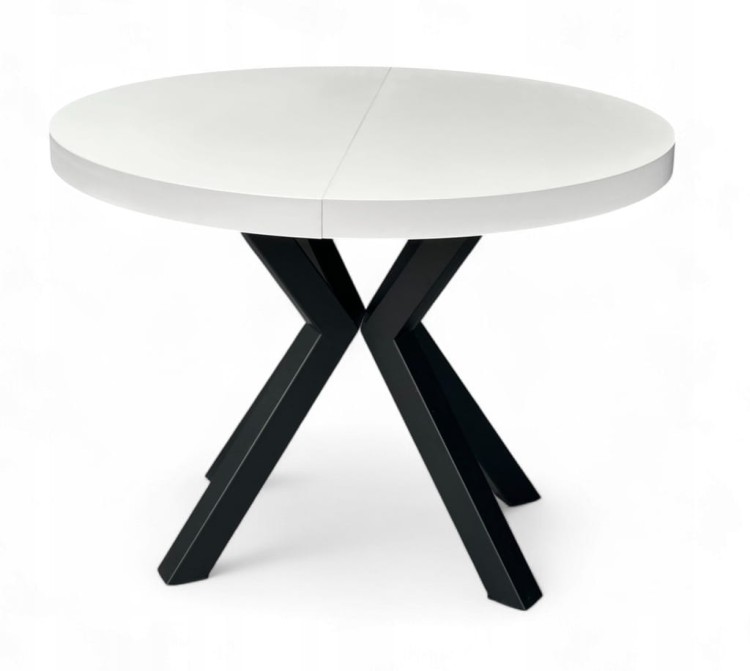 Stół BIAŁY okrągły Ø110 rozkładany do 210 cm + CZARNE NOGI X METALOWE