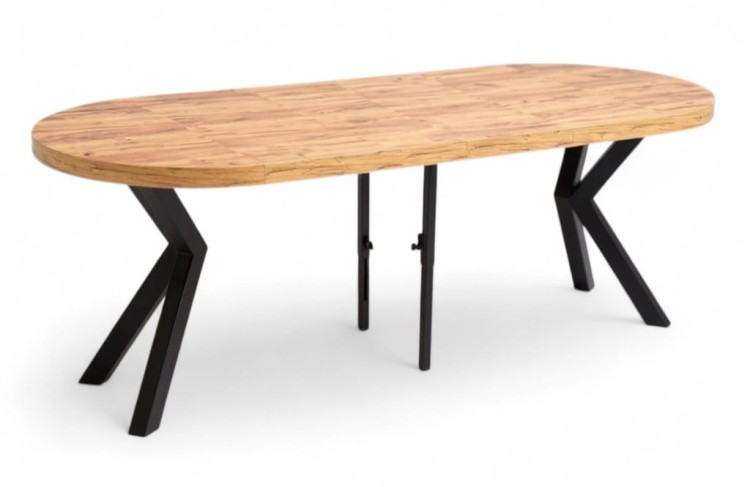 Stół okrągły Ø100 rozkładany do 300 cm Dąb Craft + Czarny Metal X