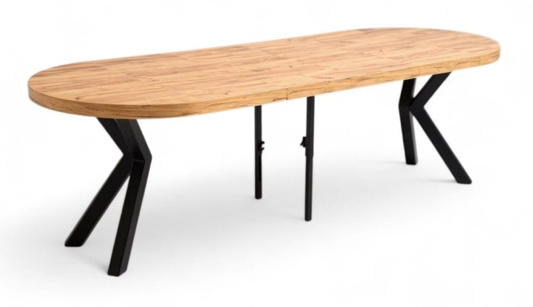 Stół okrągły Ø100 rozkładany do 300 cm Dąb Craft + Czarny Metal X