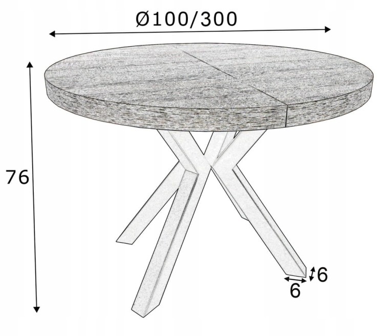 Stół okrągły Ø100 rozkładany do 300 cm Dąb Craft + Czarny Metal X