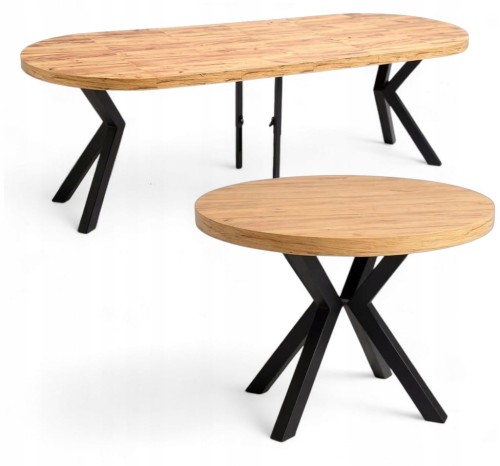Stół okrągły Ø110 rozkładany do 310 cm Dąb Craft + Czarny Metal X