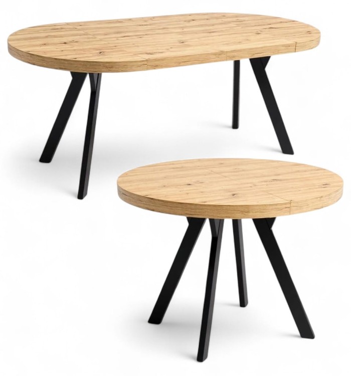 Stół okrągły Dąb Artisan Ø110 rozkładany do 210 cm Nogi Czarny Metal