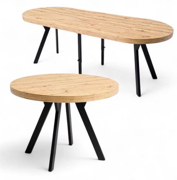 Stół okrągły Dąb Artisan Ø100 rozkładany do 300 cm Nogi Czarny Metal