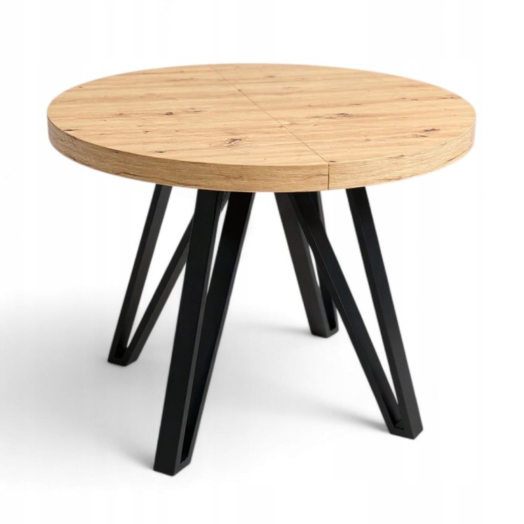 Stół okrągły Dąb Artisan Ø100 rozkładany do 300 cm Nogi Czarny Metal IND