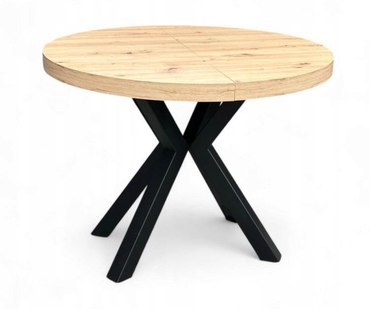 Stół okrągły Dąb Artisan Ø100 rozkładany do 200 cm Nogi Czarne Metal X