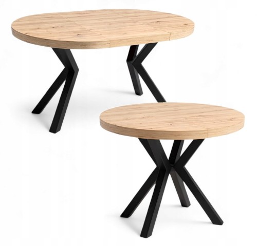 Stół okrągły Dąb Artisan Ø110 rozkładany do 210 cm Nogi Czarne Metal X