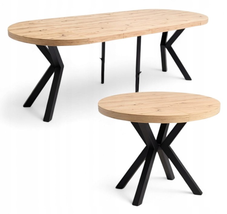 Stół duży okrągły Dąb Artisan Ø100 rozkładany do 300 cm Nogi Metal X Czarne