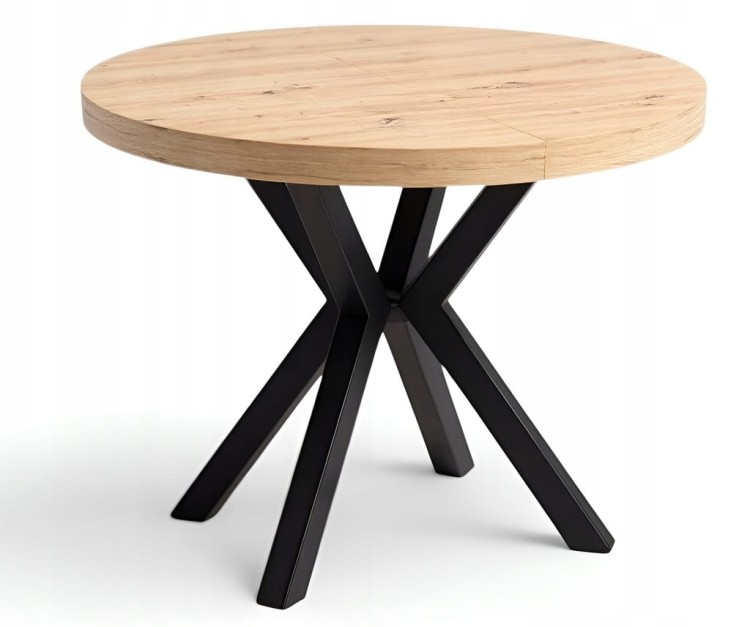 Stół duży okrągły Dąb Artisan Ø100 rozkładany do 300 cm Nogi Metal X Czarne