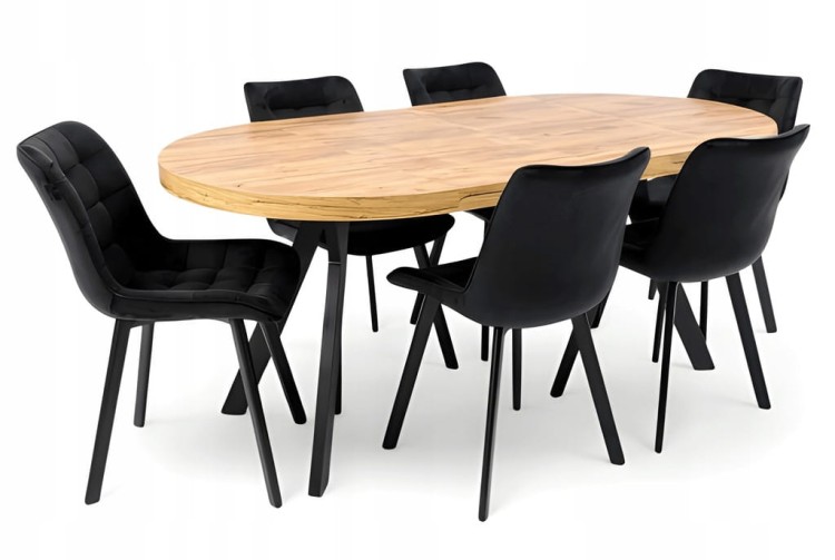 Stół okrągły rozkładany Ø110/210 cm DĄB CRAFT + 6 Krzeseł Velvet Czarny