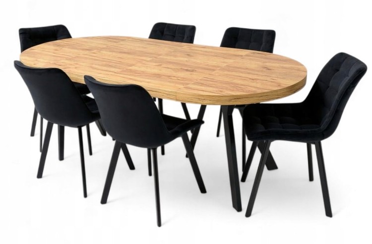 Stół okrągły rozkładany Ø110/210 cm DĄB CRAFT + 6 Krzeseł Velvet Czarny