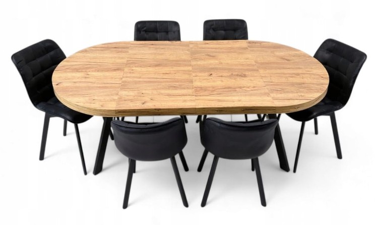 Stół okrągły rozkładany Ø110/210 cm DĄB CRAFT + 6 Krzeseł Velvet Czarny