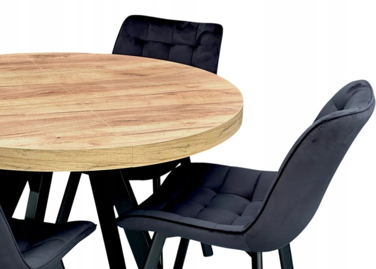 Stół okrągły rozkładany Ø110/210 cm DĄB CRAFT + 6 Krzeseł Velvet Czarny