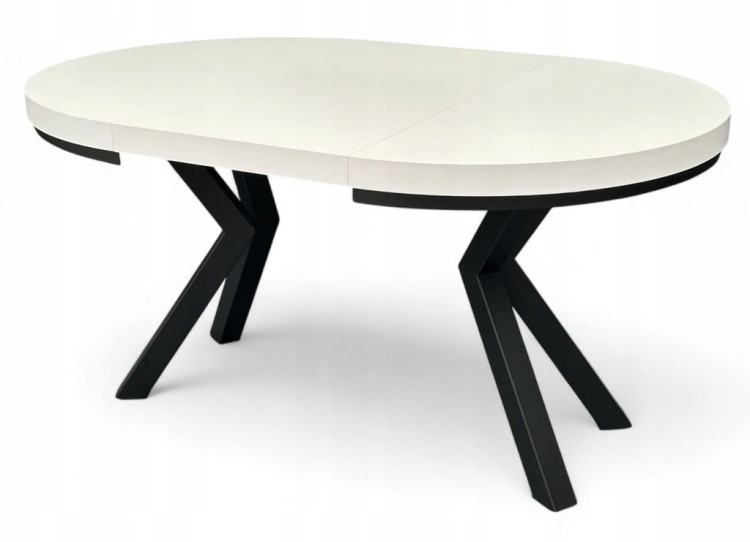 Stół biały okrągły rozkładany 110/210 cm nogi X czarne + maskownica
