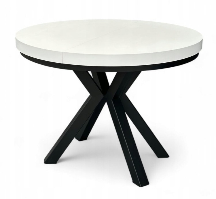 Stół biały okrągły rozkładany 100/200 cm nogi X czarne + maskownica