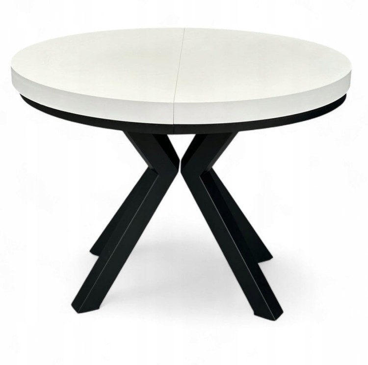 Stół biały okrągły rozkładany 100/200 cm nogi X czarne + maskownica