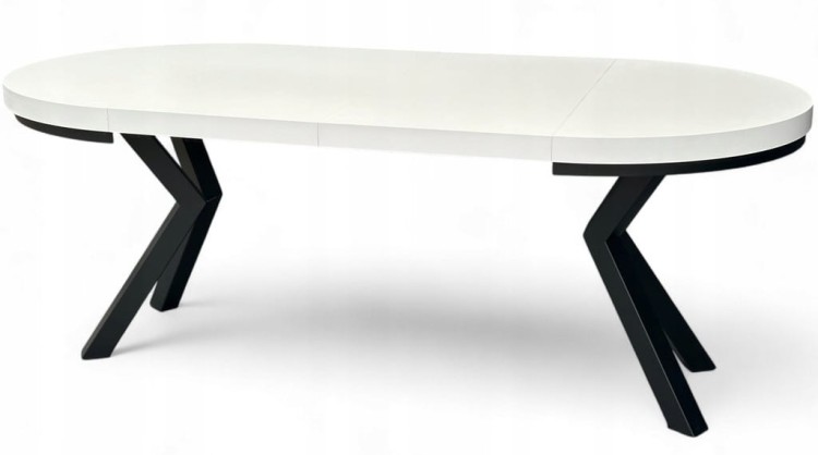Stół biały okrągły rozkładany 100/200 cm nogi X czarne + maskownica