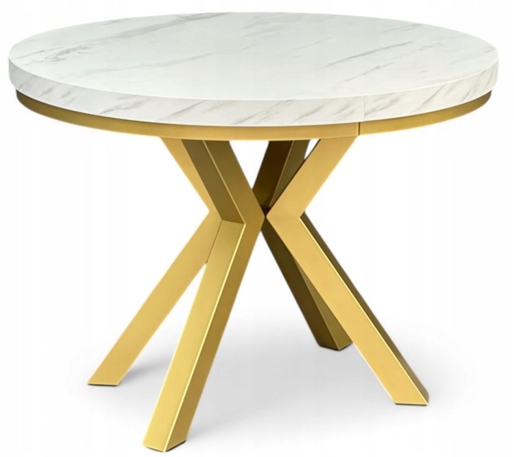 Stół okrągły rozkładany 110/210 cm nogi X złote + biały marmur + maskownica