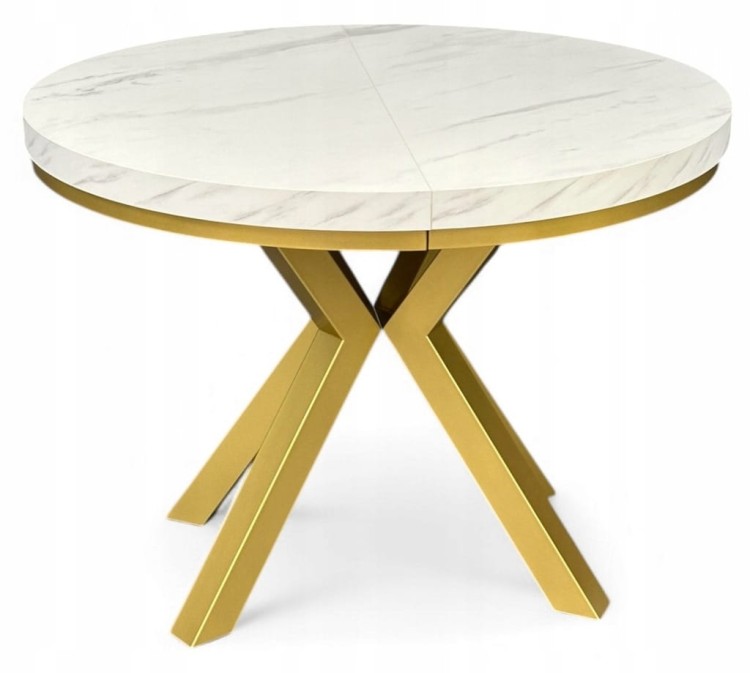 Stół okrągły rozkładany 110/210 cm nogi X złote + biały marmur + maskownica
