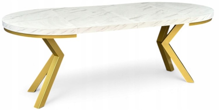 Stół okrągły rozkładany 110/210 cm nogi X złote + biały marmur + maskownica