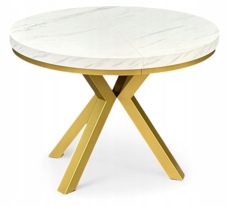 Stół okrągły rozkładany 110/210 cm nogi X złote + biały marmur + maskownica