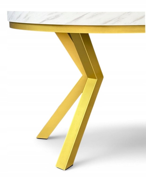 Stół okrągły rozkładany 110/210 cm nogi X złote + biały marmur + maskownica