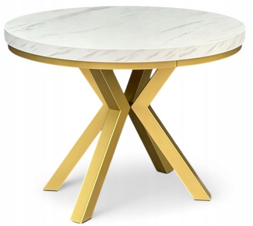 Stół okrągły rozkładany 100/200 cm nogi X złote + biały marmur + maskownica