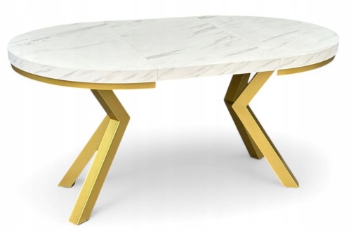 Stół okrągły rozkładany 100/200 cm nogi X złote + biały marmur + maskownica