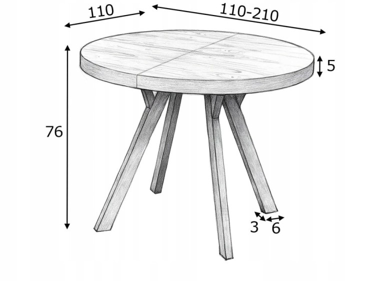 Stół okrągły Dąb Hikora Egger Ø110 rozkładany do 210 cm Nogi Czarny Metal Y