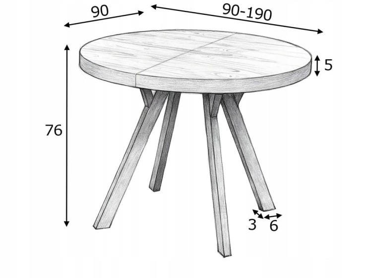 Stół okrągły Dąb Hikora Egger Ø90 rozkładany do 190 cm Nogi Czarny Metal Y